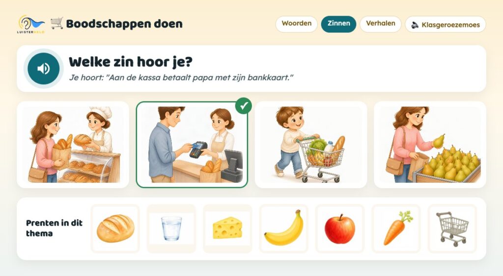 Luisterheld-oefening in het thema boodschappen doen: welke zin hoor je, met vier verhaalprenten en de prenten van brood, melk, kaas, banaan, appel, wortel en winkelkar